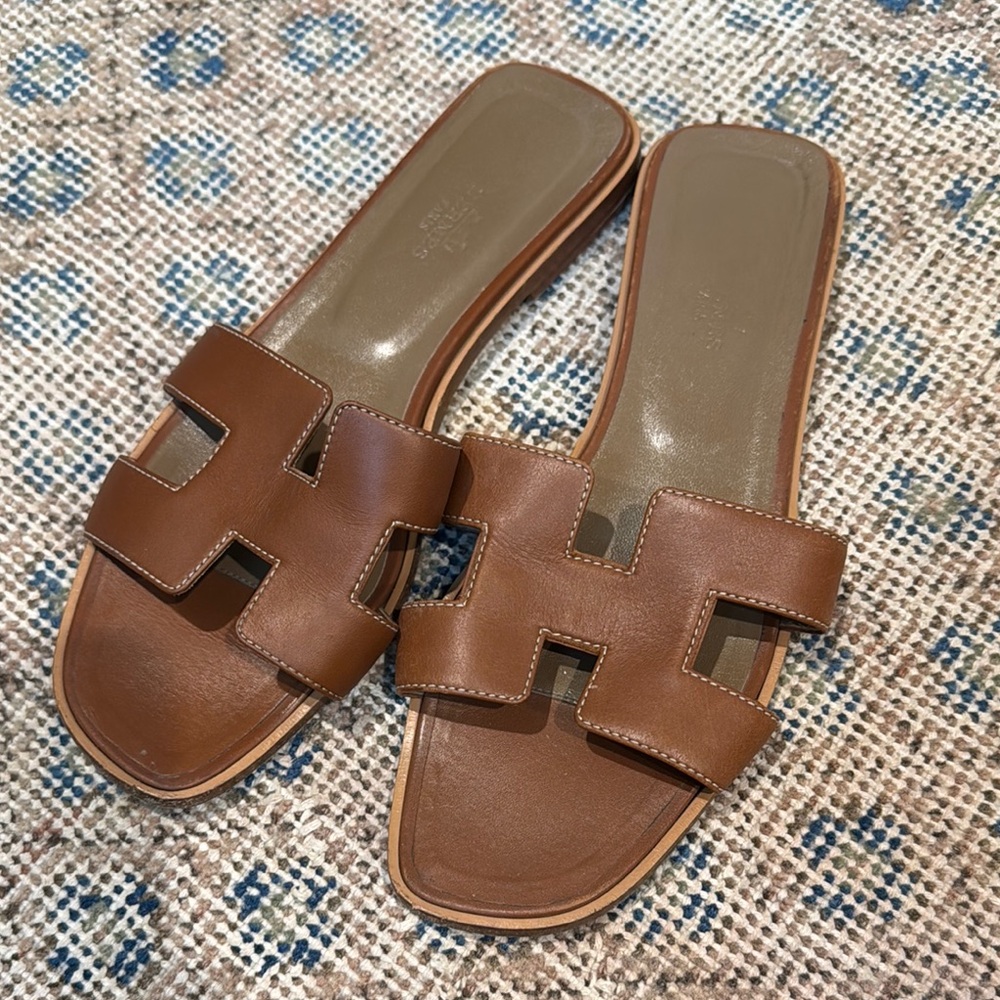 Hermes Oran sz 38.5 Brown Leather Slide Sandals